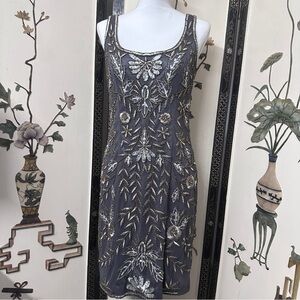 Sue Wong Charcoal/Purple and Silver Embroidered Mini Dress